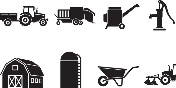 Agricultural machinery set tractor trailer combine harvester baler water pump farm barn silo wheelbarrow plow.