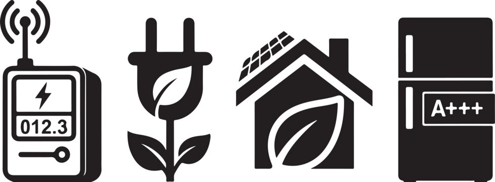 Energy efficiency icons electric meter eco plug smart house and refrigerator with energy rating symbols.