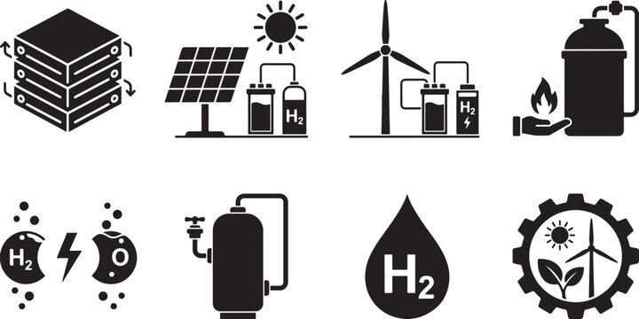 Renewable energy sources icons hydrogen production and storage wind power solar energy and clean fuel technology.