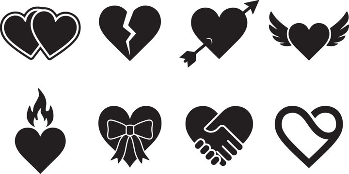 Set of isolated black icon hearts love symbols with wing, flame, broken, linked, arrow, bow and handshake.