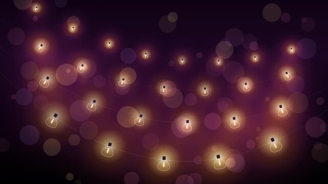 Festive string lights hanging against a dark purple background with soft glowing bokeh circles for a magical holiday atmosphere