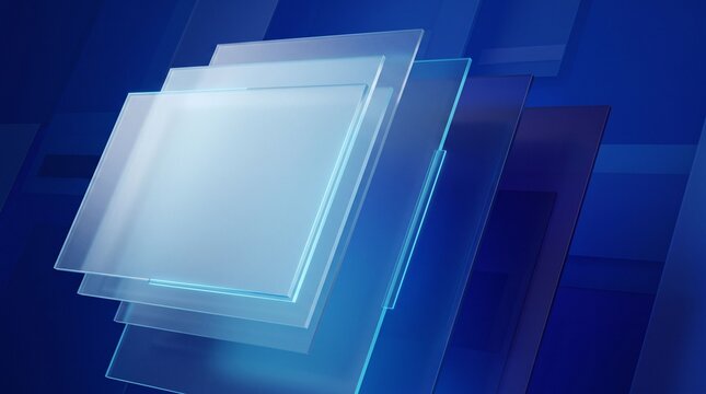 Abstract 3D digital glass layers in deep blue gradient for high-tech software background.