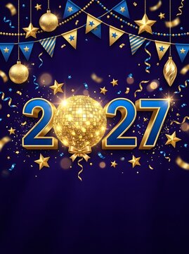 Festive 2027 New Year vertical poster with shiny blue numbers, a central golden glitter disco ball, hanging party flags, balloons, stars, and sparkling confetti on a dark blue radial background.