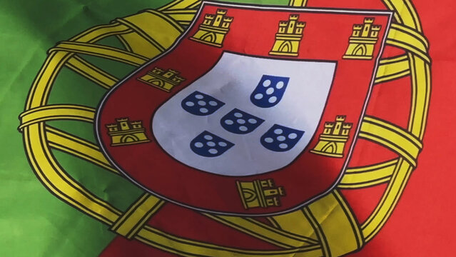 Waving national flag of Portugal with its coat of arms under soft directional lighting, showcasing fabric texture and rich green and red colors
