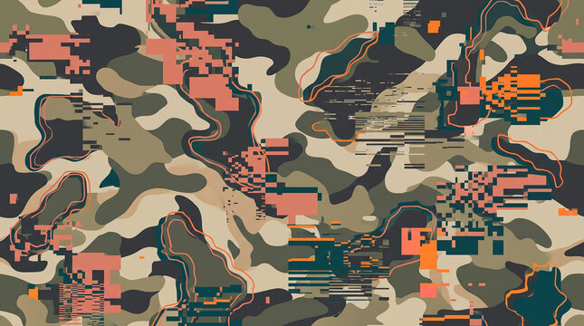 Digital Camouflage Glitch Pattern in Olive Green and Orange
