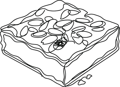 Continuous line drawing of chocolate brownie slice with almond nut toppings vector illustration for bakery and dessert menu design