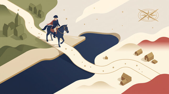 Isometric map illustration showing an explorer riding a horse across a bridge to discover new land for Columbus Day.