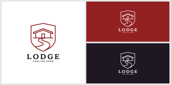Lodge logo design featuring a cozy cabin house and winding path inside a shield