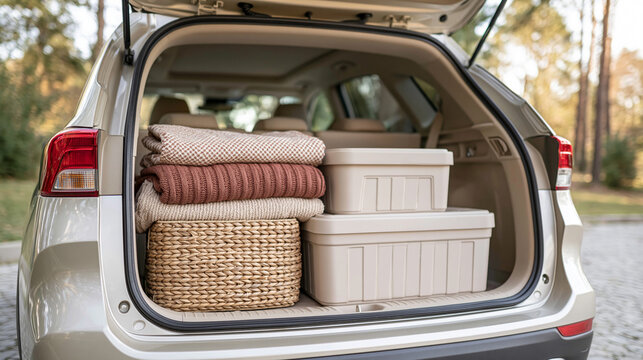 Organized SUV Trunk With Blankets And Storage Bins
