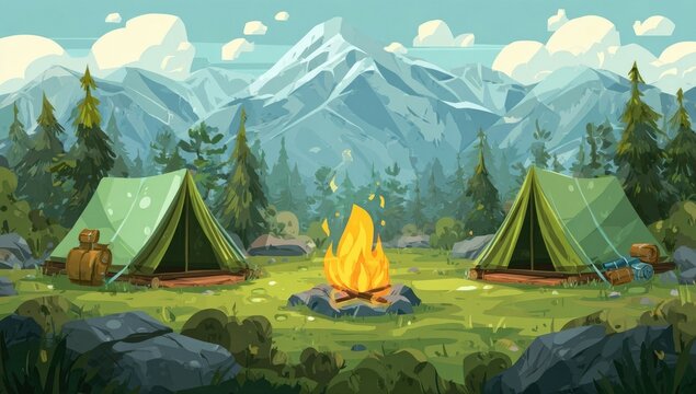Campsite with tents and campfire in a lush forest, with mountains in the background