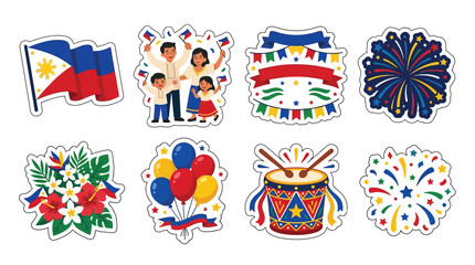 Fototapeta premium Collection of Filipino Independence Day celebration elements including flag, family, fireworks, and drum.