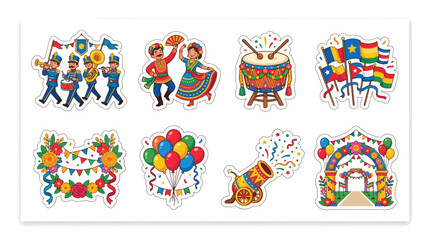 Fototapeta premium Collection of colorful cartoon icons representing different aspects of celebration and cultural events.