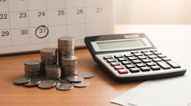 Financial planning and monthly budget calculation with coins, calculator and calendar on wooden table