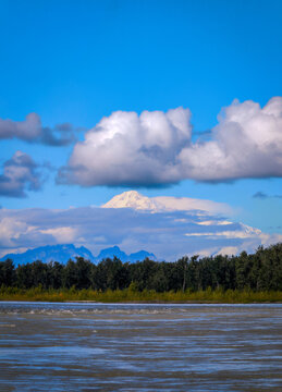 Denali mountain over the Talkeetna Riverfront Park at the three‑river confluence of Susitna River, Chulitna River, and Talkeetna River in Alaska