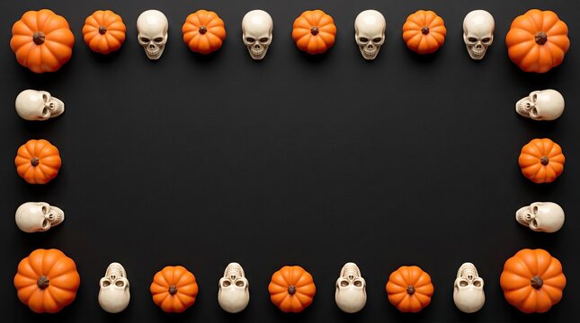 A festive 3d pumpkin and skull frame border design featuring orange pumpkins and white skulls on black background