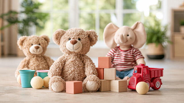Teddy Bears And Elephant With Colorful Nursery Toys