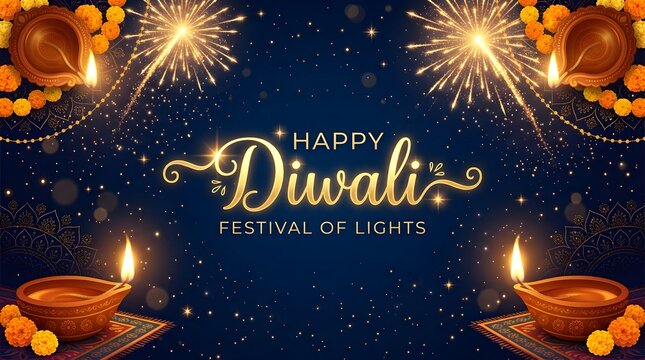 Happy diwali festival of lights with traditional oil lamps and fireworks