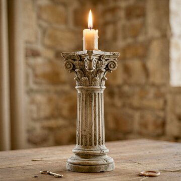 Lit Candle on Corinthian Style Stone Column in Rustic Historic Interior