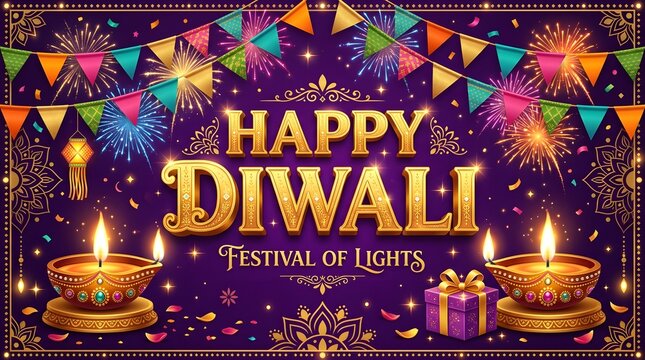 Happy diwali festival of lights with bunting fireworks and diyas