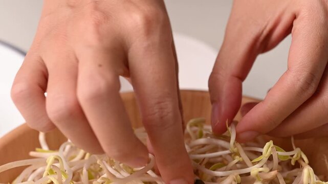 Close-up of woman's hands removing seed husks of mung bean sprouts in a wooden bowl, food preparation