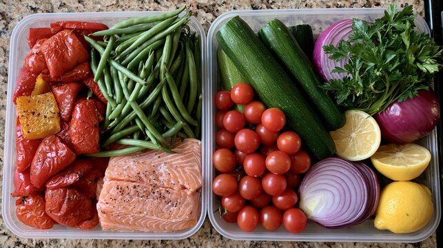 healthy salmon meal prep with fresh vegetables on kitchen counter
