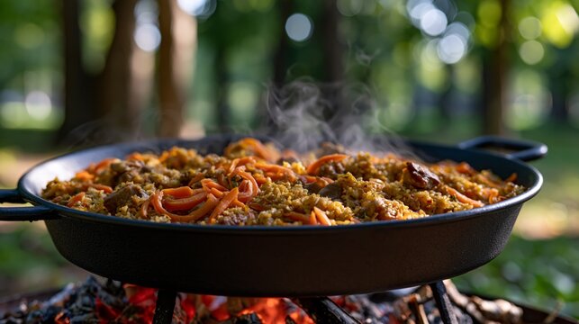 traditional uzbek plov cooking in a kazan over an open fire