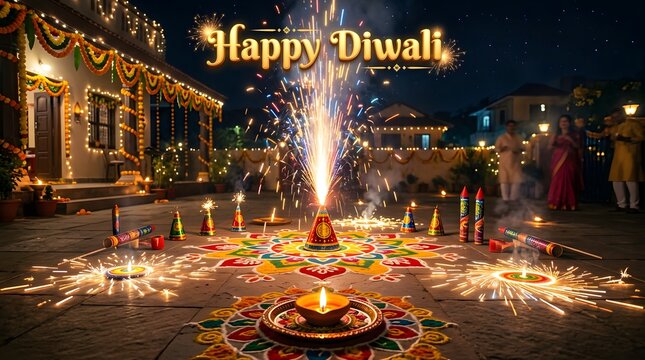 Diwali festival celebration with fireworks and diyas at night
