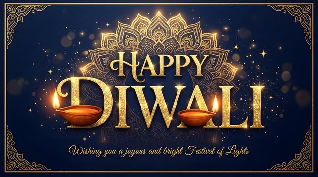 Happy diwali greeting card with golden diya lamps and mandala