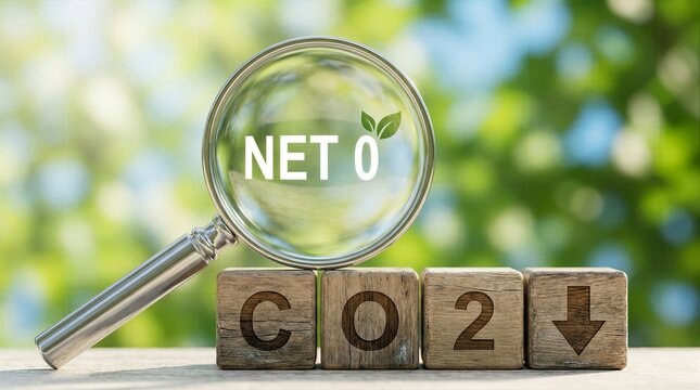 Magnifying glass highlighting net zero text and leaves above CO2 wooden cubes emphasizing environmental climate action goals