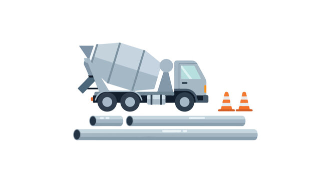 A flat vector illustration of a grey cement mixer truck with traffic cones and steel construction pipes below it.