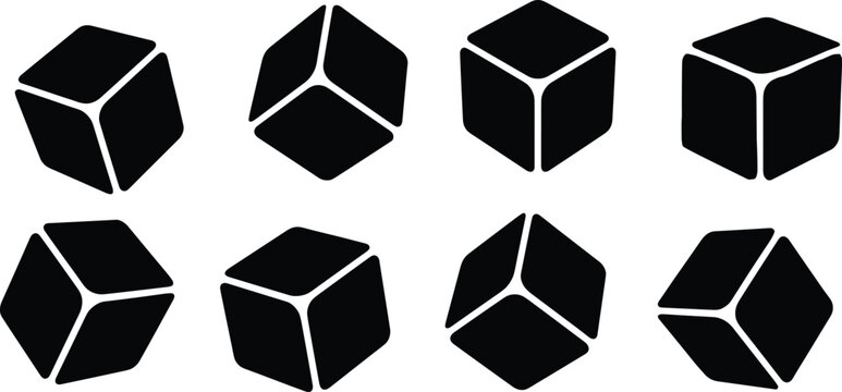Set of Black Cube Icons in Various 3D Perspectives Vector Illustration