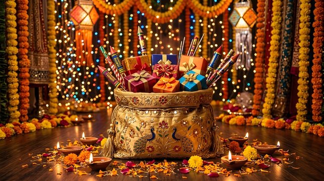 Diwali gift bag with fireworks and flowers on wooden floor