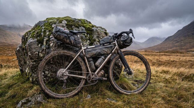 Muddy Gravel Bikepacking Bike Resting in a Wild, Cloudy Mountain Landscape