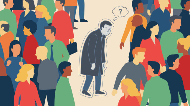 Man Alone in Crowd Feeling Invisible Vector Illustration