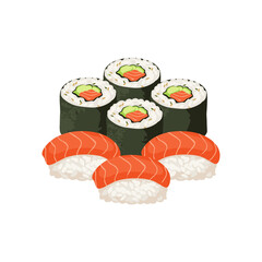 Sushi Set with Salmon Nigiri and Maki Rolls Flat Vector Illustration © Nurul