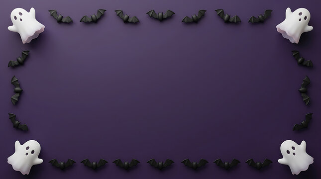Halloween background frame made of white ghost figurines and black bats on a purple surface with spooky border seasonal design flat lay seasonal