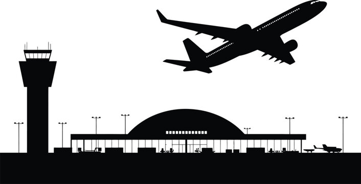 Airplane taking off over an airport terminal building and control tower black silhouette vector illustration isolated on white background