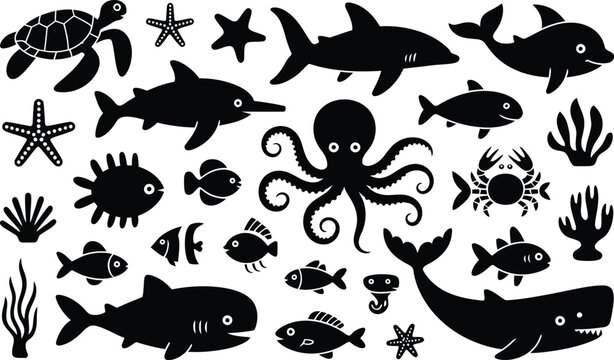 Vector icon set of sea animals featuring shark whale octopus dolphin turtle crab starfish and tropical fish in black silhouette style