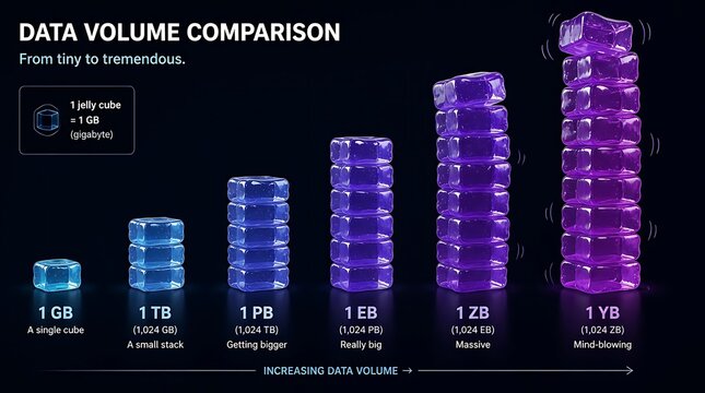 A comprehensive data volume comparison chart illustrating increasing storage capacities from 1 GB up to 1 YB using stacked glowing purple cubes and technical size definitions