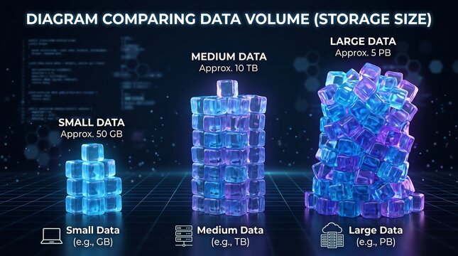Data volume comparison infographic diagram with glowing storage cubes