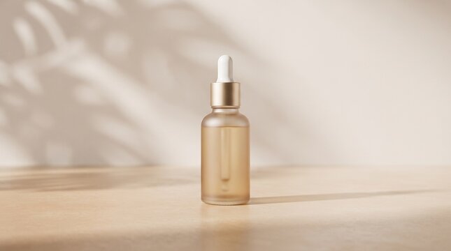cosmetic dropper bottle mockup on beige background with natural leaf shadow overlay