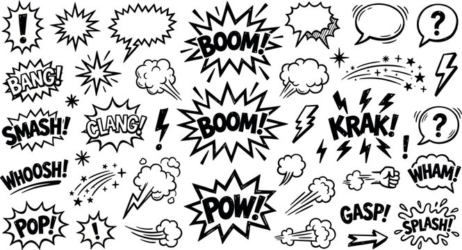 Comic book sound effects and speech bubbles set, hand drawn pop art explosion icons, black and white vector onomatopoeia collection