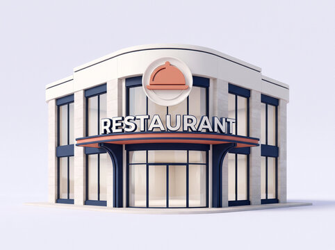 Modern restaurant building facade with 3D illustration style
