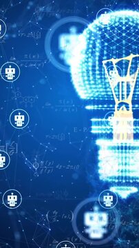 Animation of chatbot icons, light bulb and networks over mathematical equations