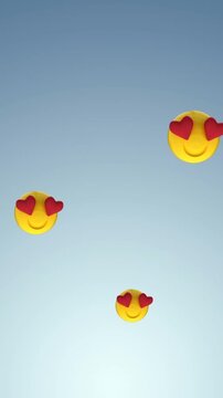 Digital animation of multiple heart eyes face emojis floating against blue background
