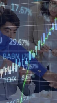 Animation of financial data processing over three diverse engineers discussing over a plan