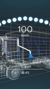 Animation of speedometer data processing over 3d truck drawing