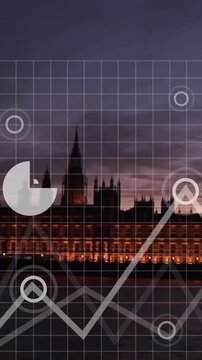Animation of data processing and diagrams over london cityscape