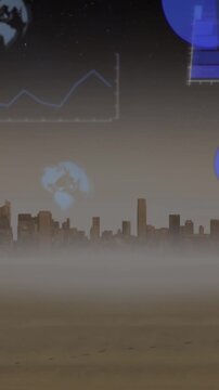 Animation of statistical data processing against view of cityscape
