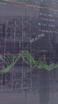 Animation of statistical and stock market data processing against aerial view of cityscape